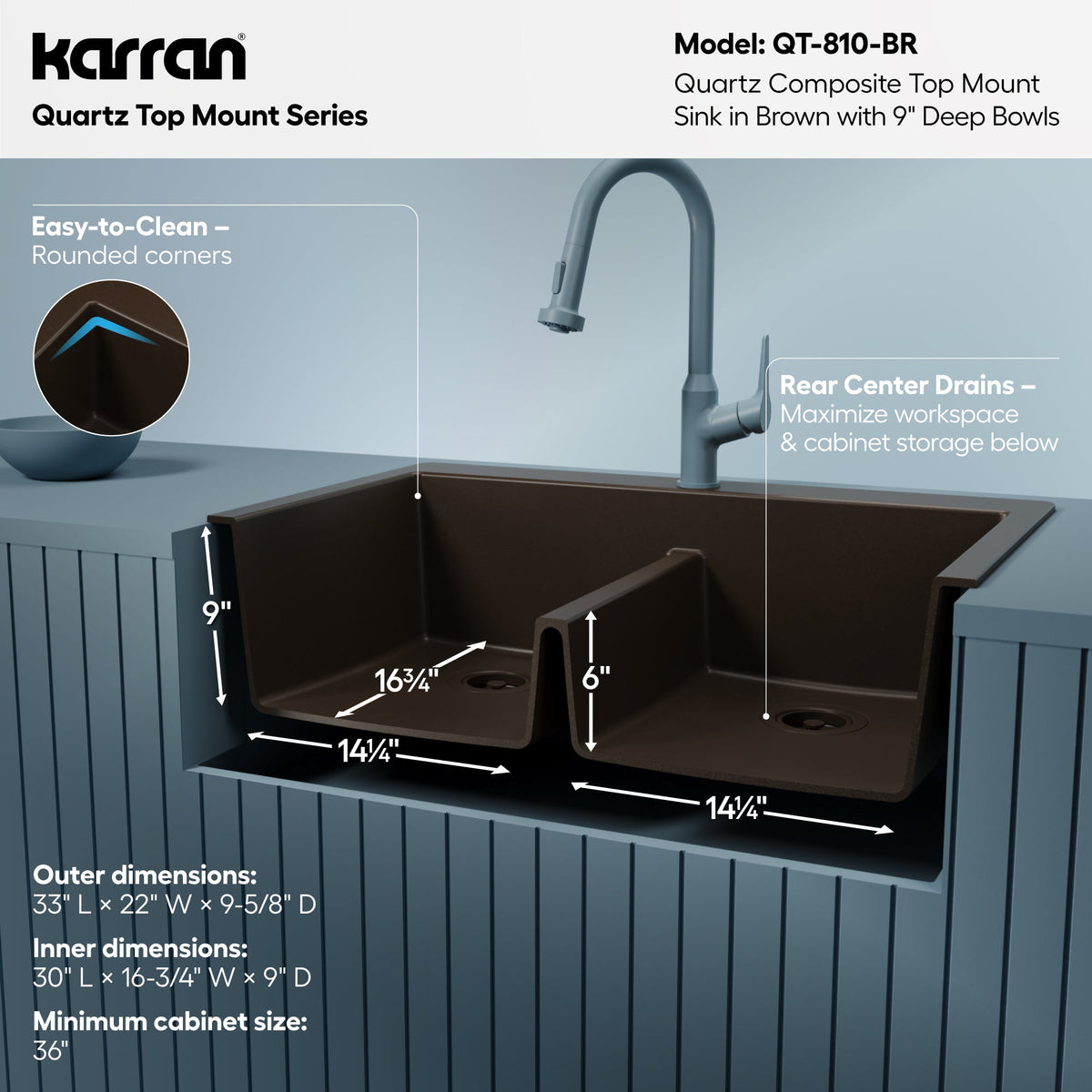 33" Top Mount Double Bowl Quartz Composite Kitchen Sink In Brown