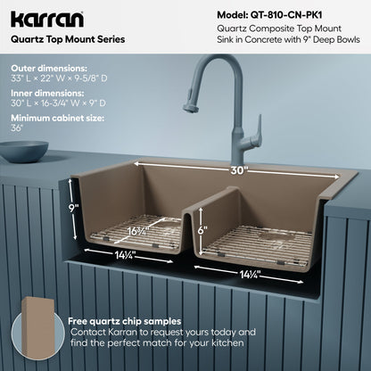 33" Top Mount Double Equal Bowl Quartz Composite Kitchen Sink Kit In Concrete