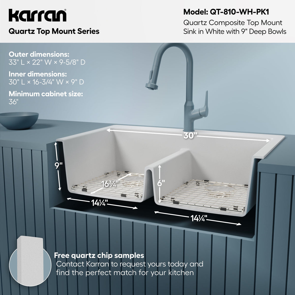 33" Top Mount Double Equal Bowl Quartz Composite Kitchen Sink Kit In White