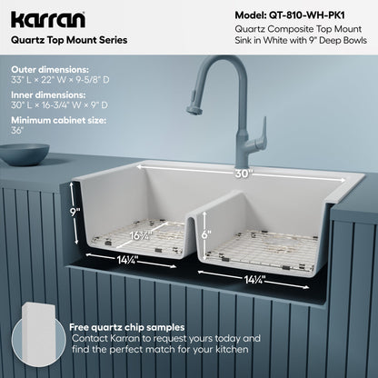 33" Top Mount Double Equal Bowl Quartz Composite Kitchen Sink Kit In White