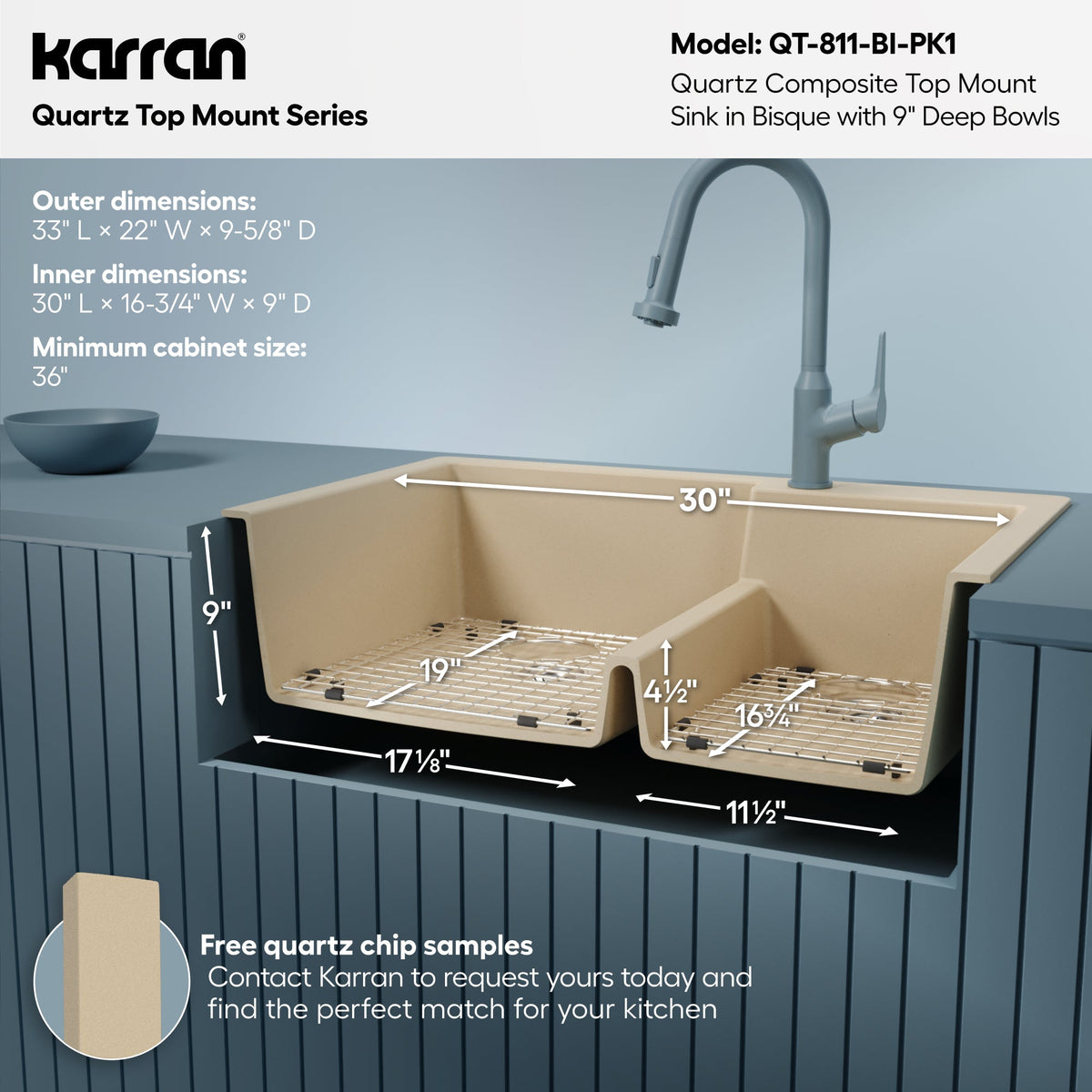 33" Top Mount Double Offset Bowl Quartz Composite Kitchen Sink Kit In Bisque