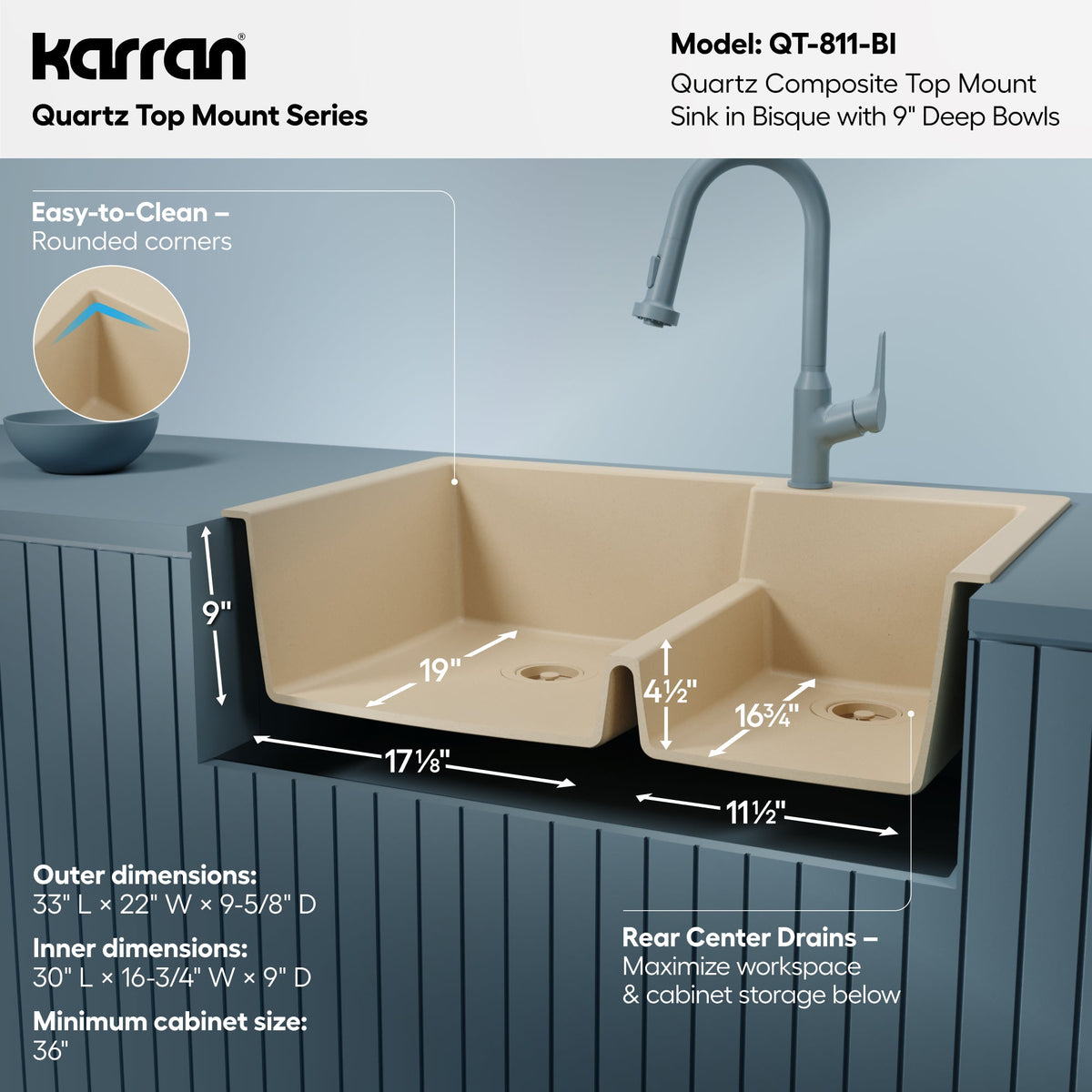 33" Top Mount Double Offset Bowl Quartz Composite Kitchen Sink In Bisque