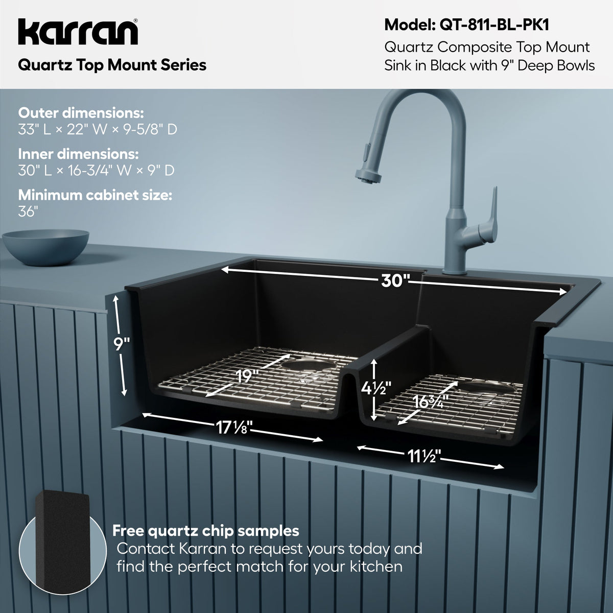33" Top Mount Double Offset Bowl Quartz Composite Kitchen Sink Kit In Black