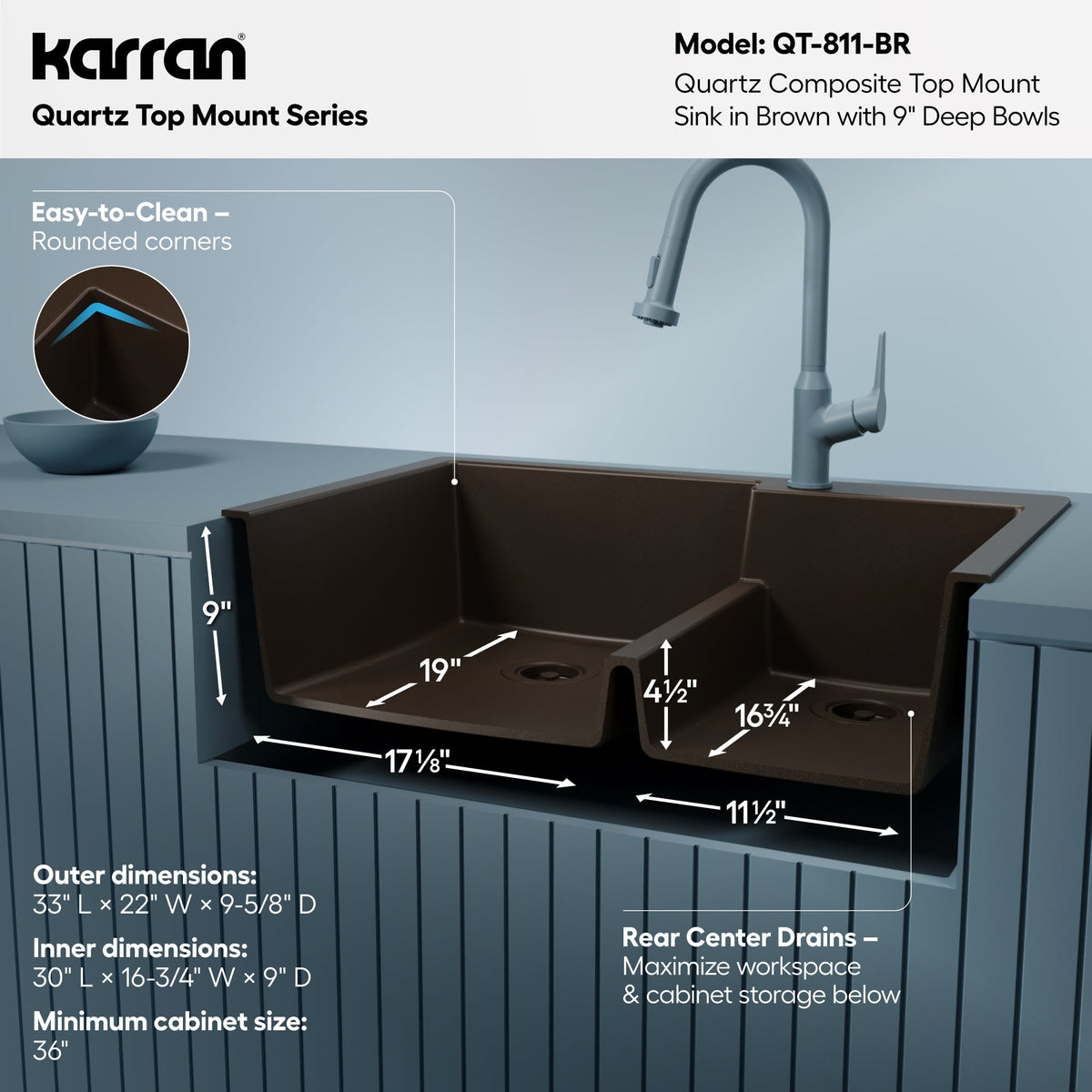 33" Top Mount Double Offset Bowl Quartz Composite Kitchen Sink In Brown