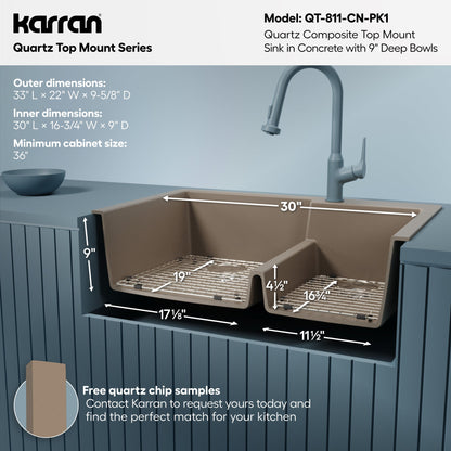 33" Top Mount Double Offset Bowl Quartz Composite Kitchen Sink Kit In Concrete