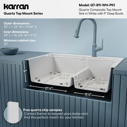 33" Top Mount Double Offset Bowl Quartz Composite Kitchen Sink Kit In White
