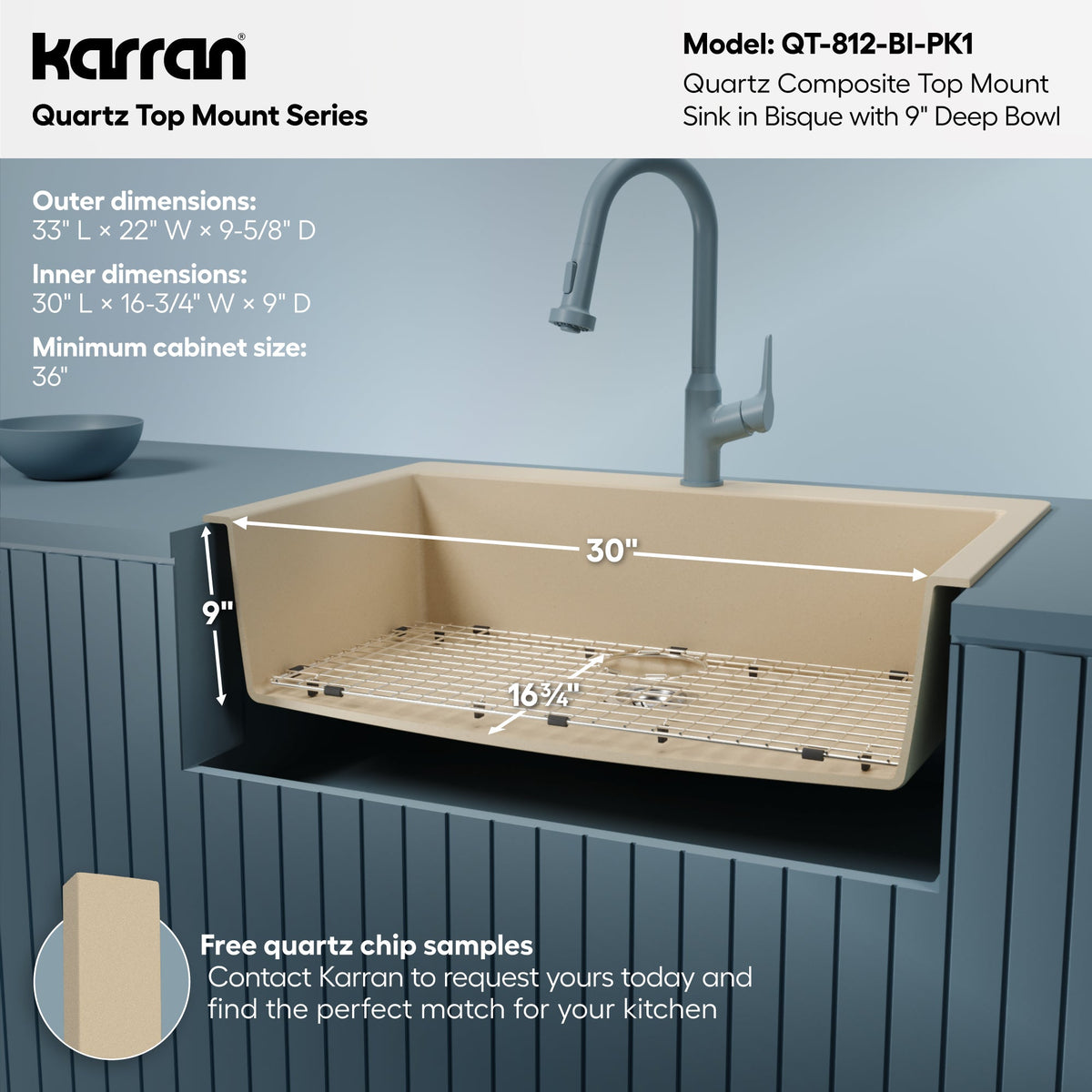 33" Top Mount Large Single Bowl Quartz Composite Kitchen Sink Kit In Bisque