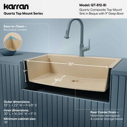 33" Top Mount Large Single Bowl Quartz Composite Kitchen Sink In Bisque