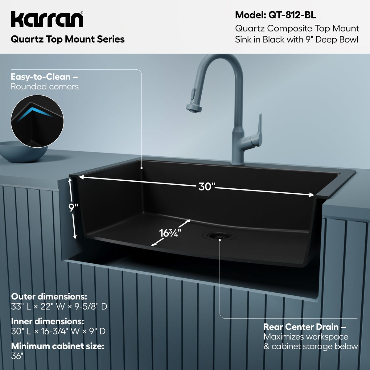 33" Top Mount Large Single Bowl Quartz Composite Kitchen Sink In Black