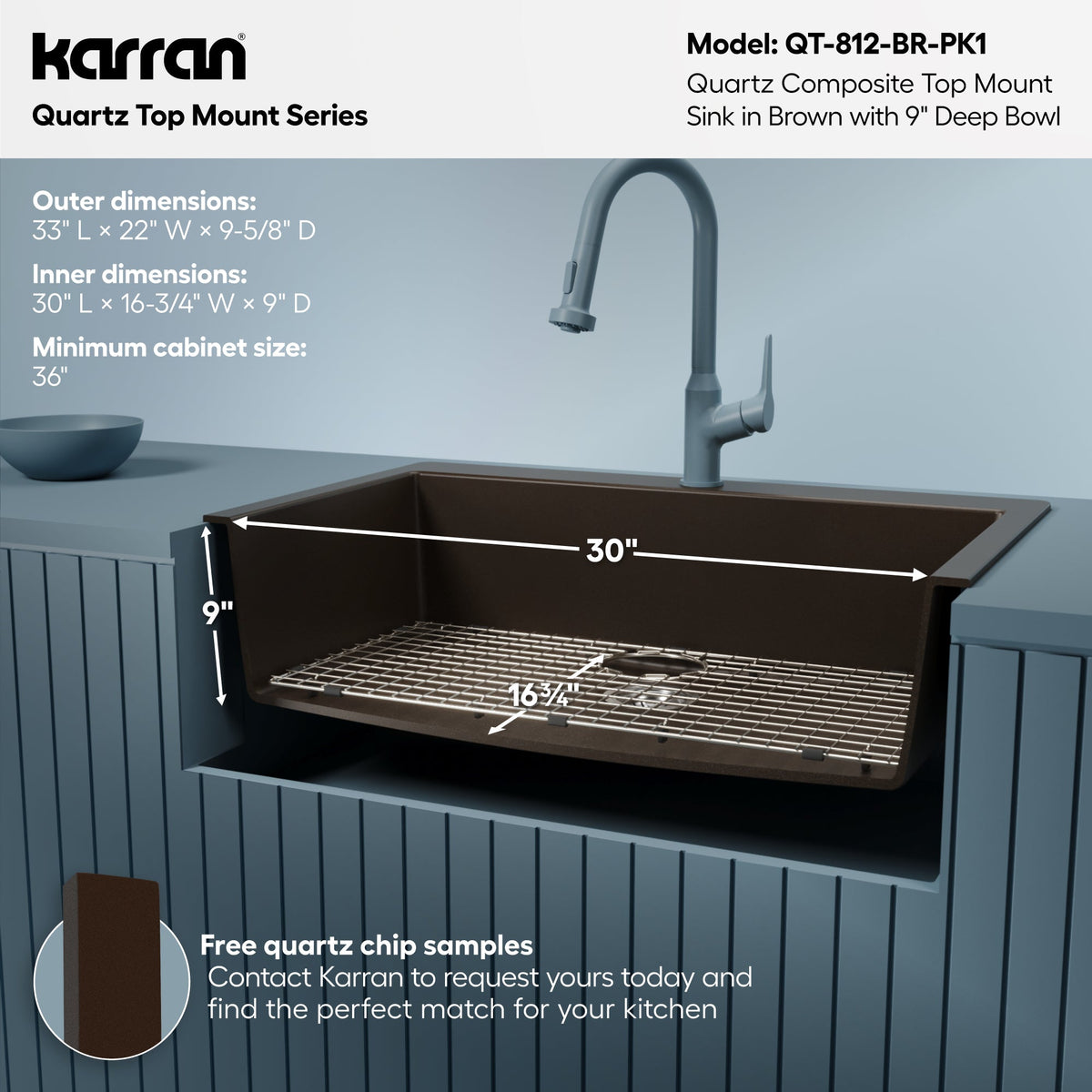 33" Top Mount Large Single Bowl Quartz Composite Kitchen Sink Kit In Brown