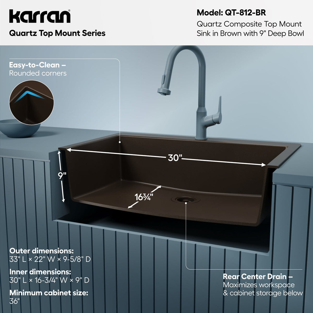 33" Top Mount Large Single Bowl Quartz Composite Kitchen Sink In Brown