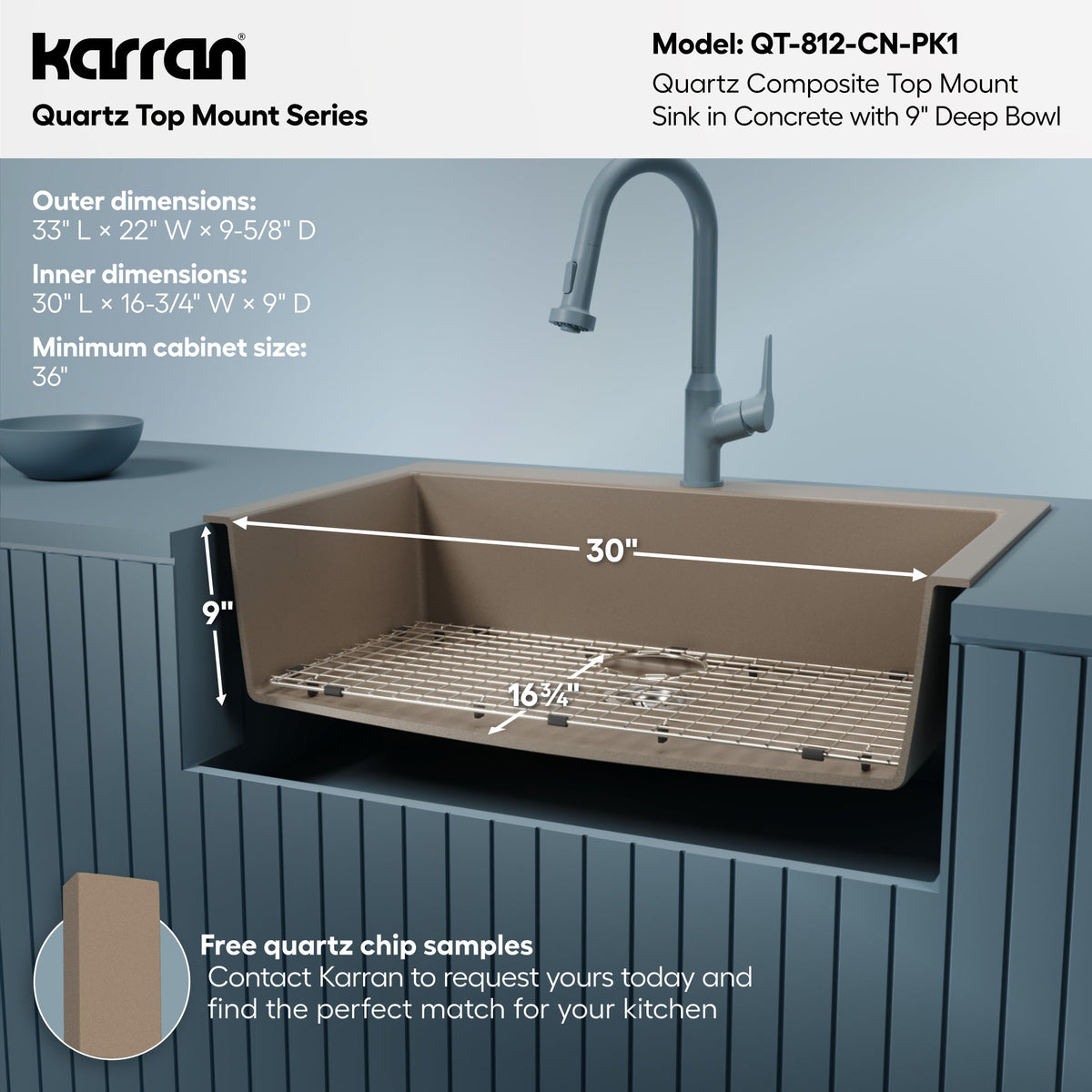 33" Top Mount Large Single Bowl Quartz Composite Kitchen Sink Kit In Concrete