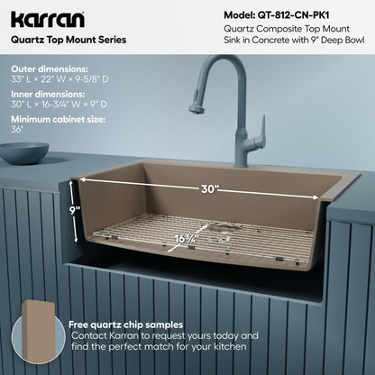 33" Top Mount Large Single Bowl Quartz Composite Kitchen Sink Kit In Concrete