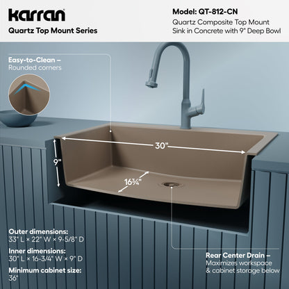 33" Top Mount Large Single Bowl Quartz Composite Kitchen Sink In Concrete