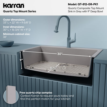 33" Top Mount Large Single Bowl Quartz Composite Kitchen Sink Kit In Grey