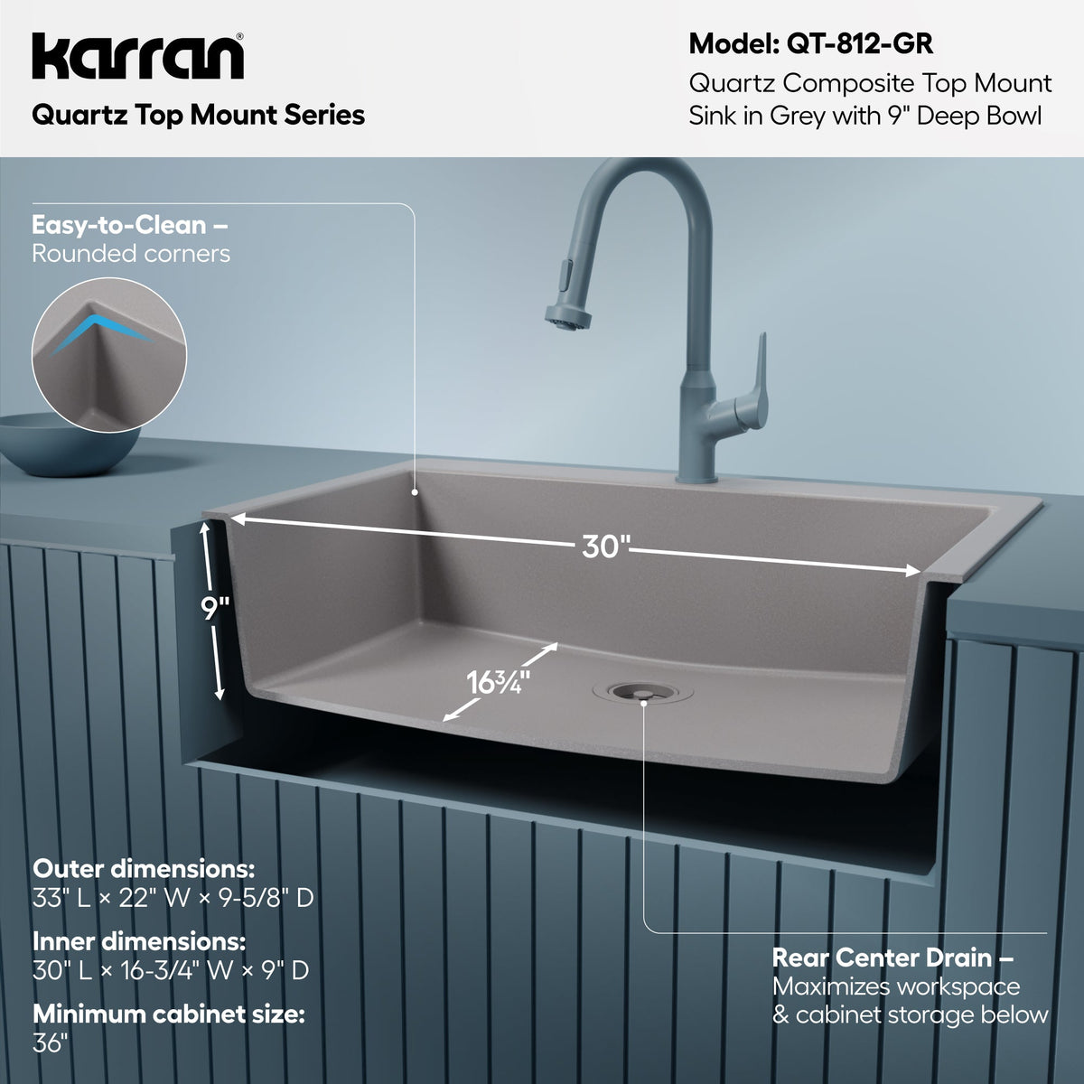 33" Top Mount Large Single Bowl Quartz Composite Kitchen Sink In Grey