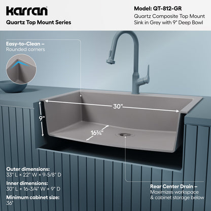 33" Top Mount Large Single Bowl Quartz Composite Kitchen Sink In Grey