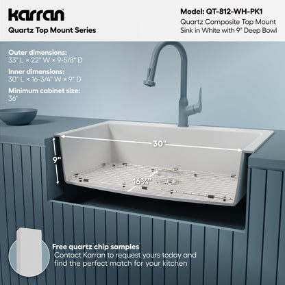 33" Top Mount Large Single Bowl Quartz Composite Kitchen Sink Kit In White
