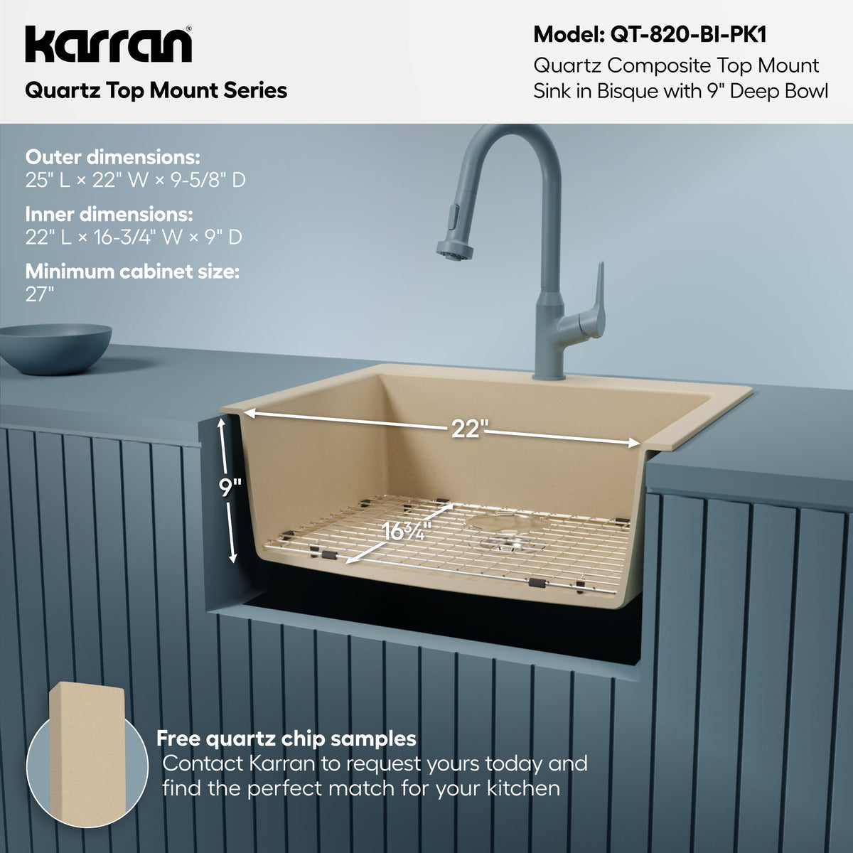 25" Top Mount Single Bowl Quartz Composite Kitchen Sink Kit In Bisque