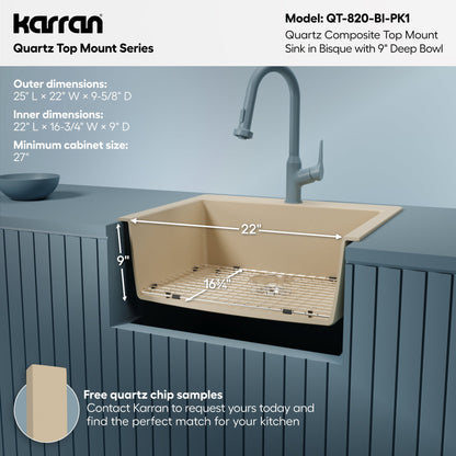 25" Top Mount Single Bowl Quartz Composite Kitchen Sink Kit In Bisque
