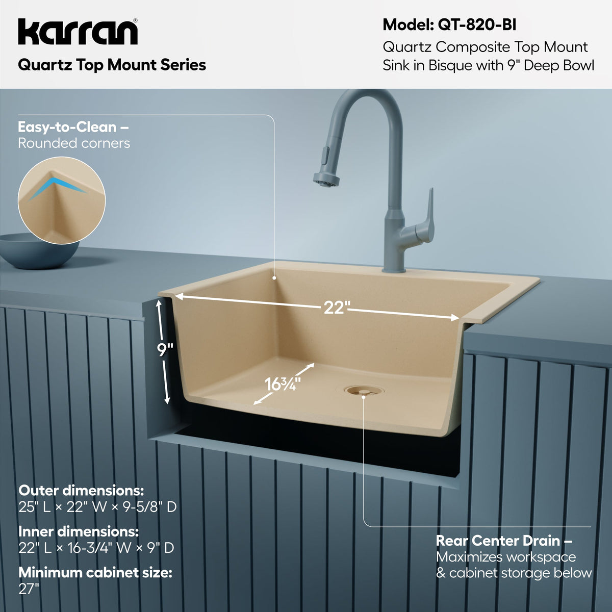 25" Top Mount Single Bowl Quartz Composite Kitchen Sink In Bisque