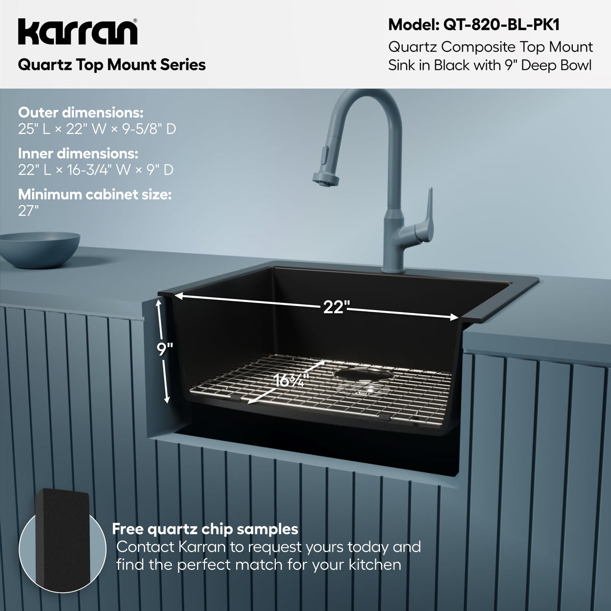 25" Top Mount Single Bowl Quartz Composite Kitchen Sink Kit In Black