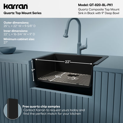 25" Top Mount Single Bowl Quartz Composite Kitchen Sink Kit In Black
