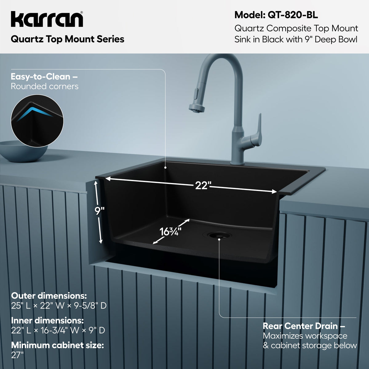 25" Top Mount Single Bowl Quartz Composite Kitchen Sink In Black