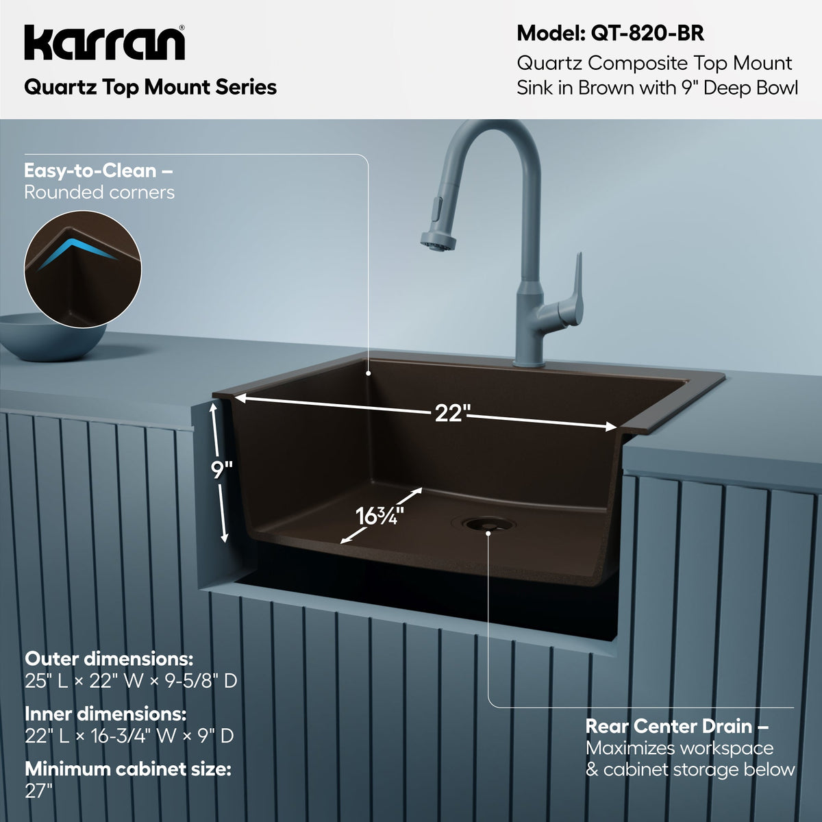 25" Top Mount Single Bowl Quartz Composite Kitchen Sink In Brown