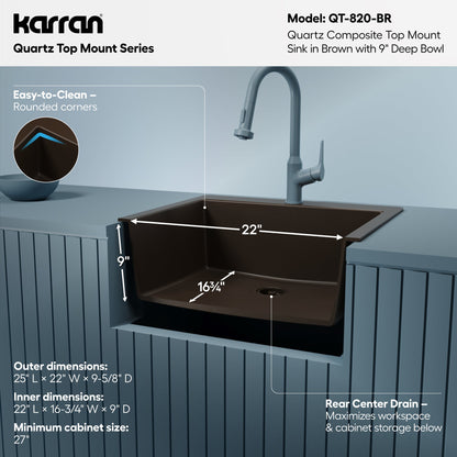 25" Top Mount Single Bowl Quartz Composite Kitchen Sink In Brown
