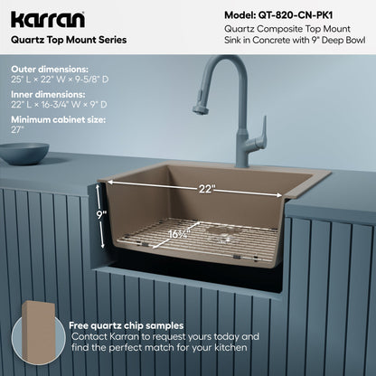 25" Top Mount Single Bowl Quartz Composite Kitchen Sink Kit In Concrete