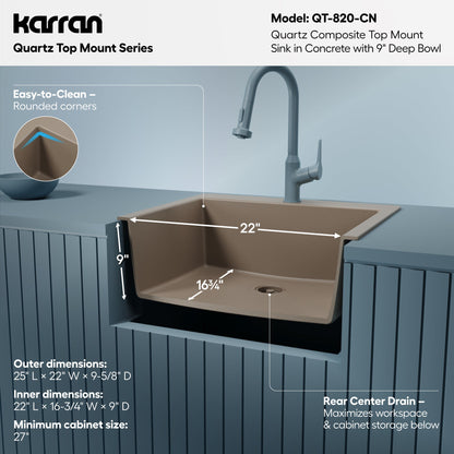 25" Top Mount Single Bowl Quartz Composite Kitchen Sink In Concrete