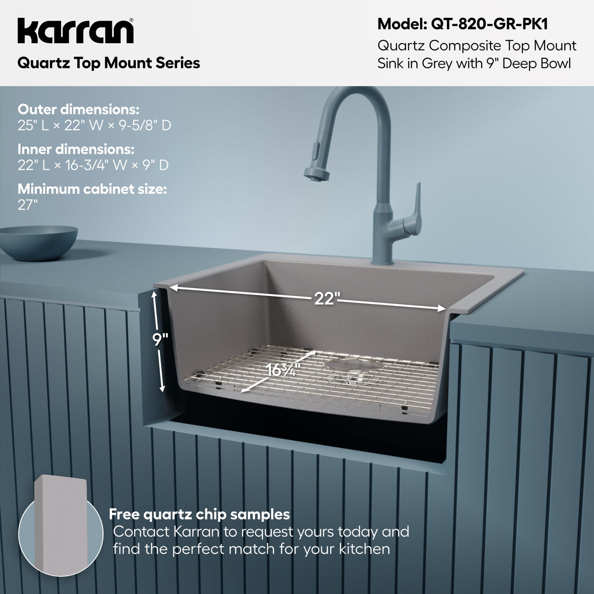 25" Top Mount Single Bowl Quartz Composite Kitchen Sink Kit In Grey