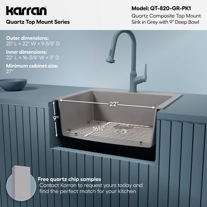25" Top Mount Single Bowl Quartz Composite Kitchen Sink Kit In Grey