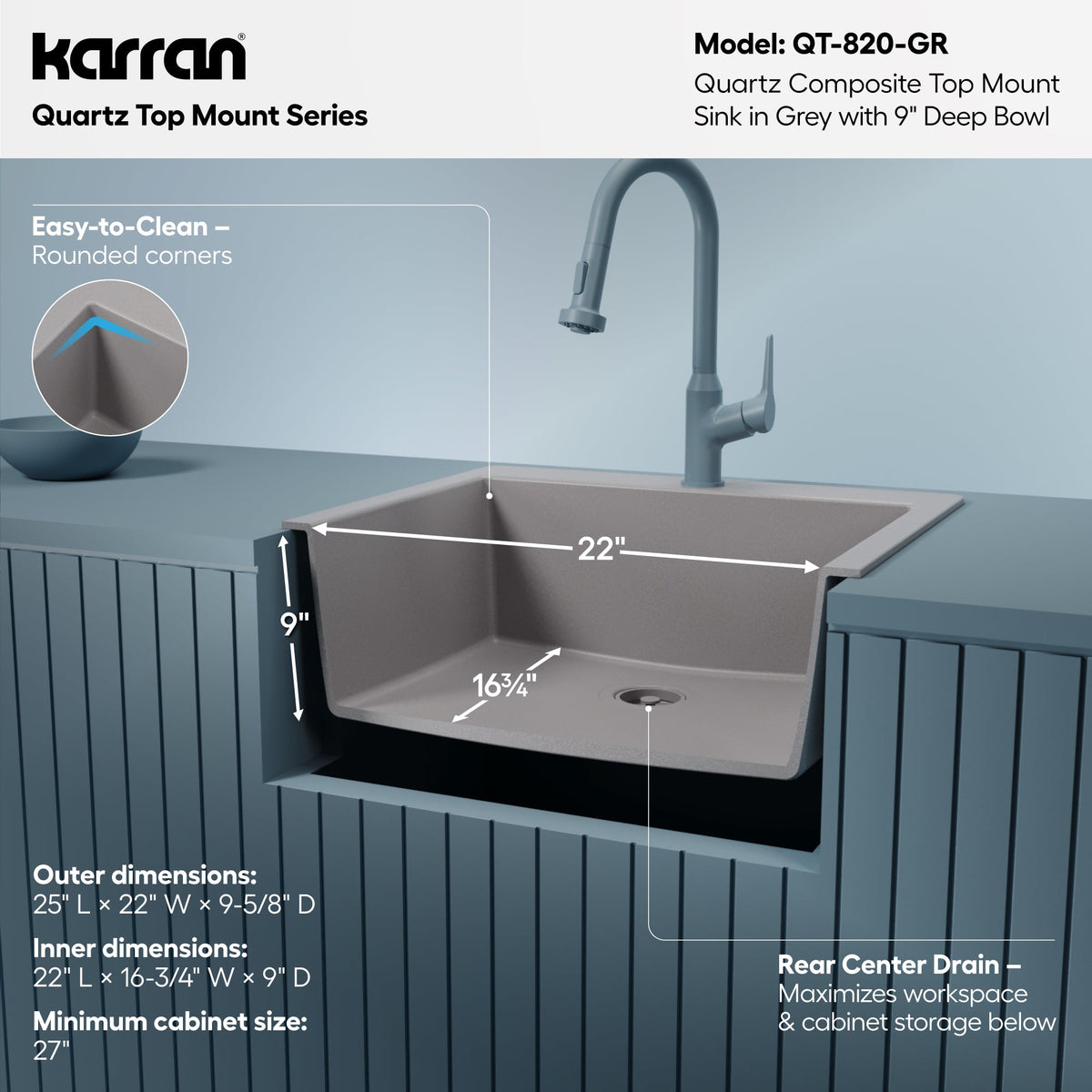 25" Top Mount Single Bowl Quartz Composite Kitchen Sink In Grey