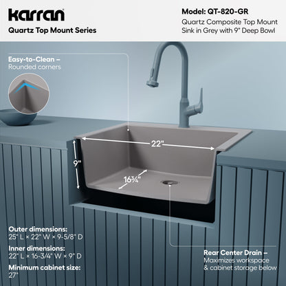 25" Top Mount Single Bowl Quartz Composite Kitchen Sink In Grey