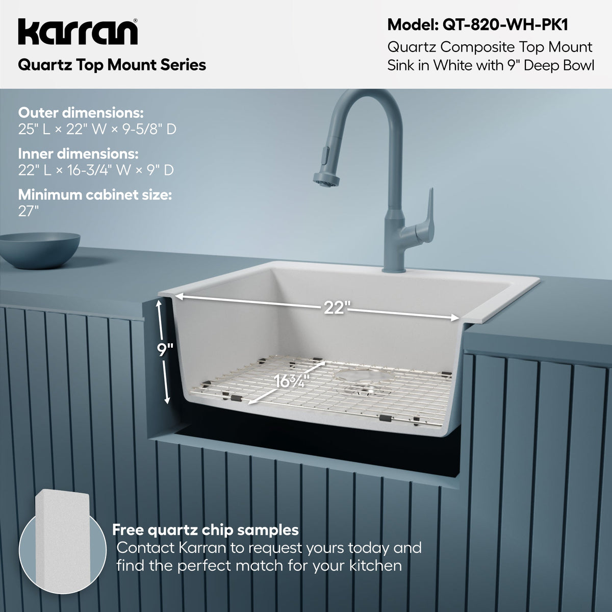25" Top Mount Single Bowl Quartz Composite Kitchen Sink Kit In White