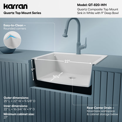 25" Top Mount Single Bowl Quartz Composite Kitchen Sink In White