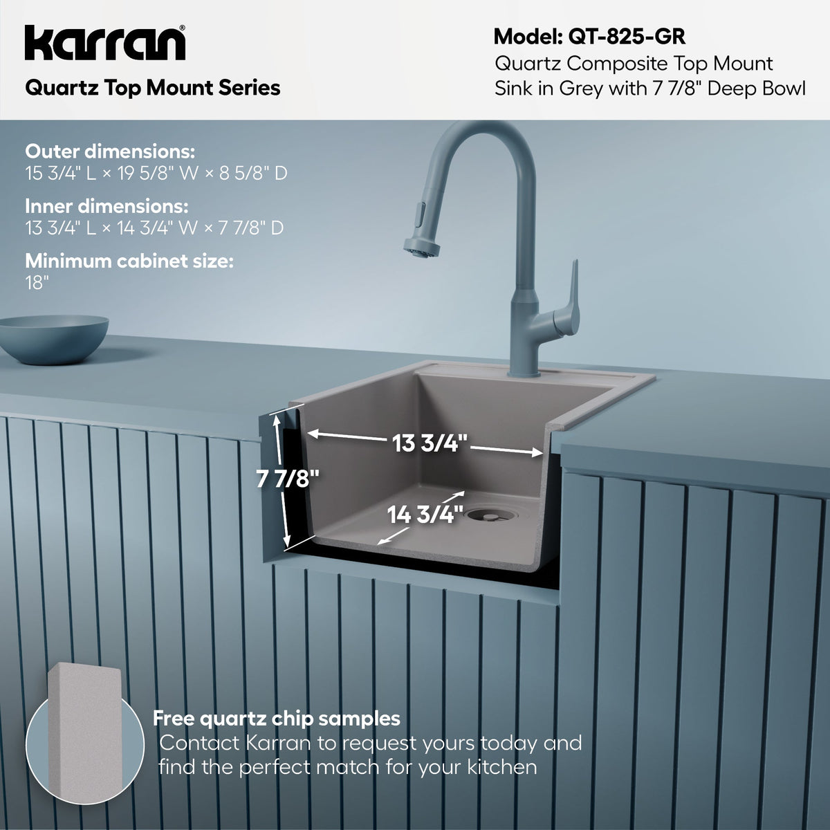 15-3/4" Top Mount Quartz Composite Bar/Prep Sink In Grey