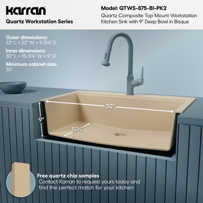 33" Top Mount Single Bowl Quartz Kitchen Sink Kit In Bisque
