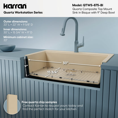 33" Top Mount Large Single Bowl Quartz Composite Workstation Kitchen Sink In Bisque