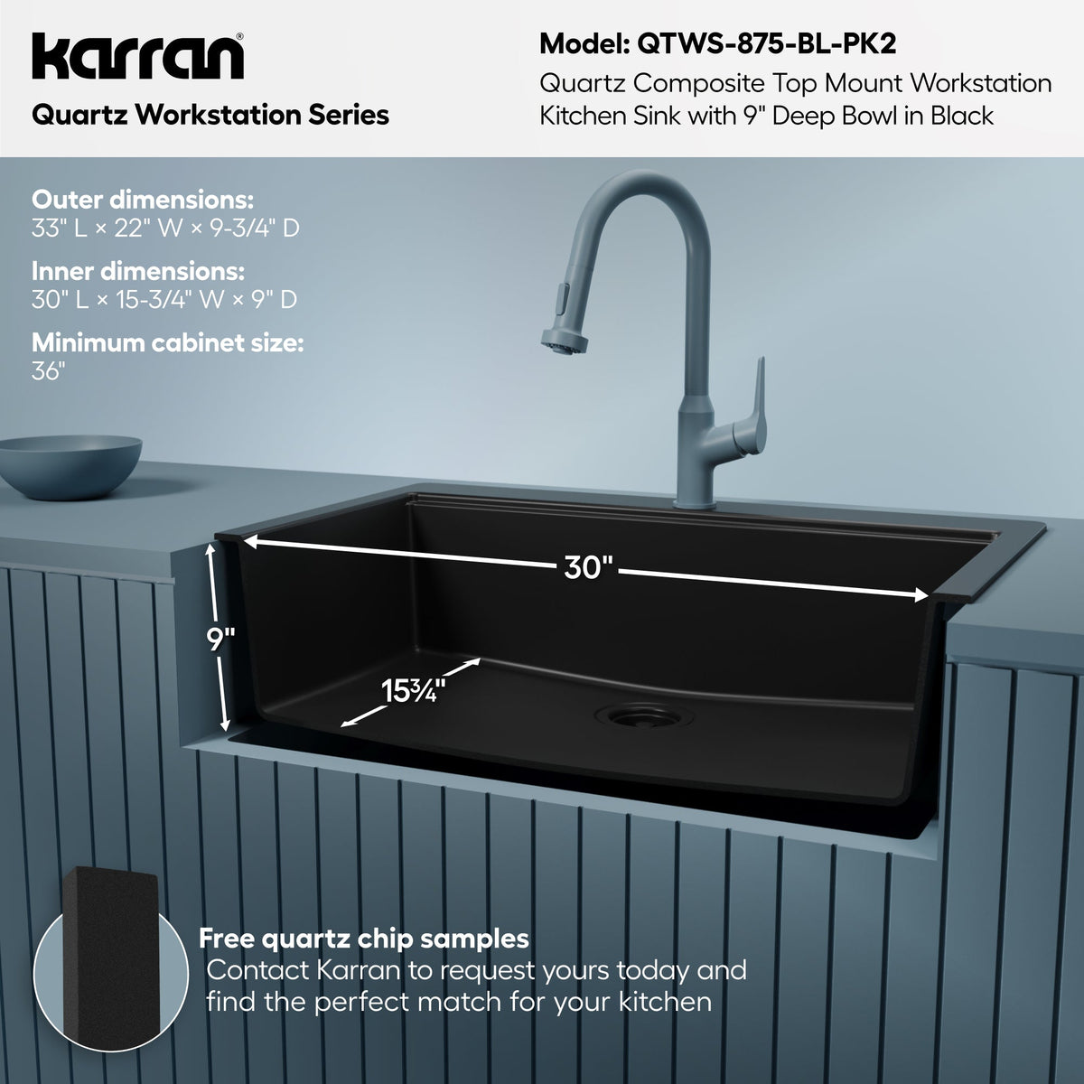 33" Top Mount Single Bowl Quartz Kitchen Sink Kit In Black