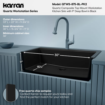 33" Top Mount Single Bowl Quartz Kitchen Sink Kit In Black