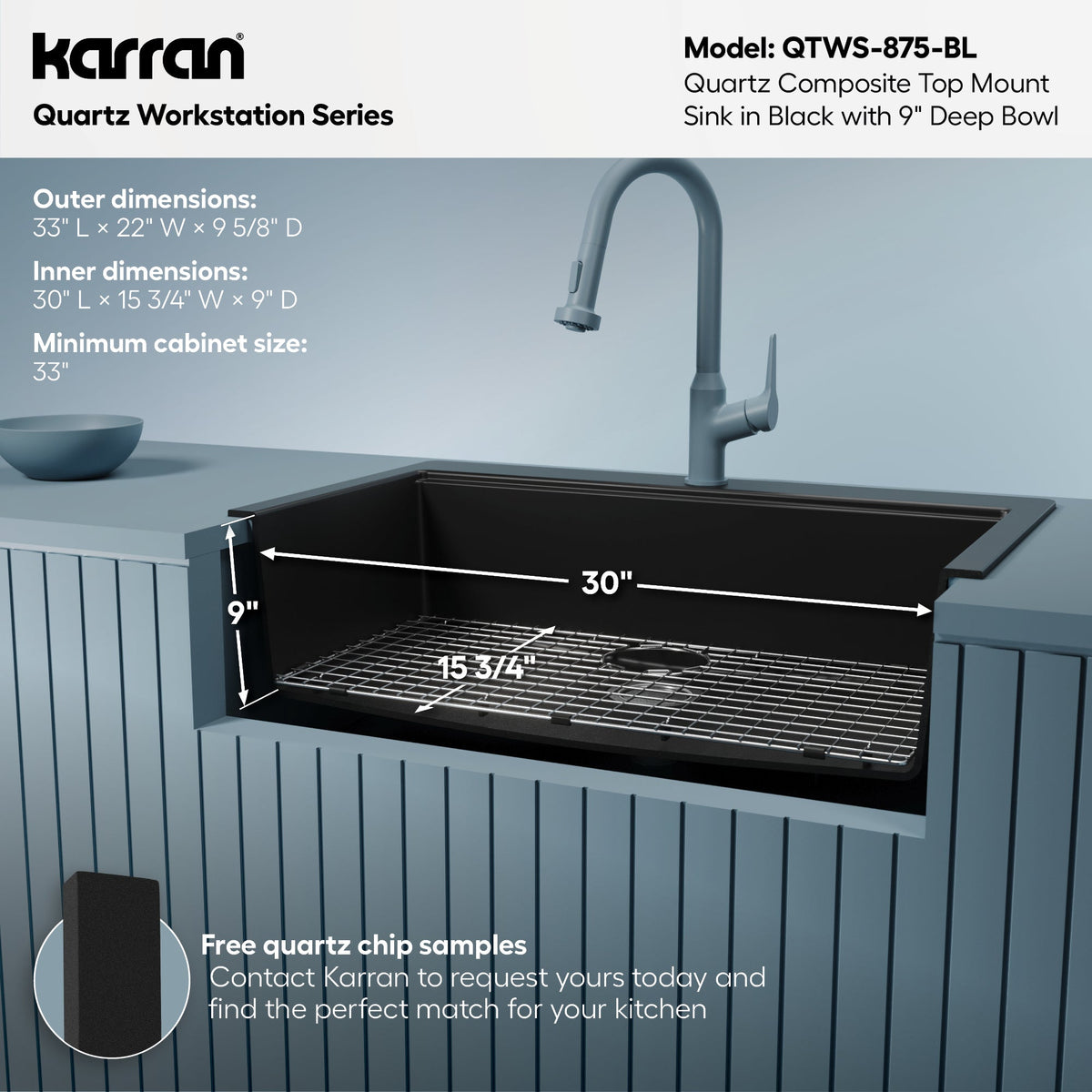 33" Top Mount Large Single Bowl Quartz Composite Workstation Kitchen Sink In Black