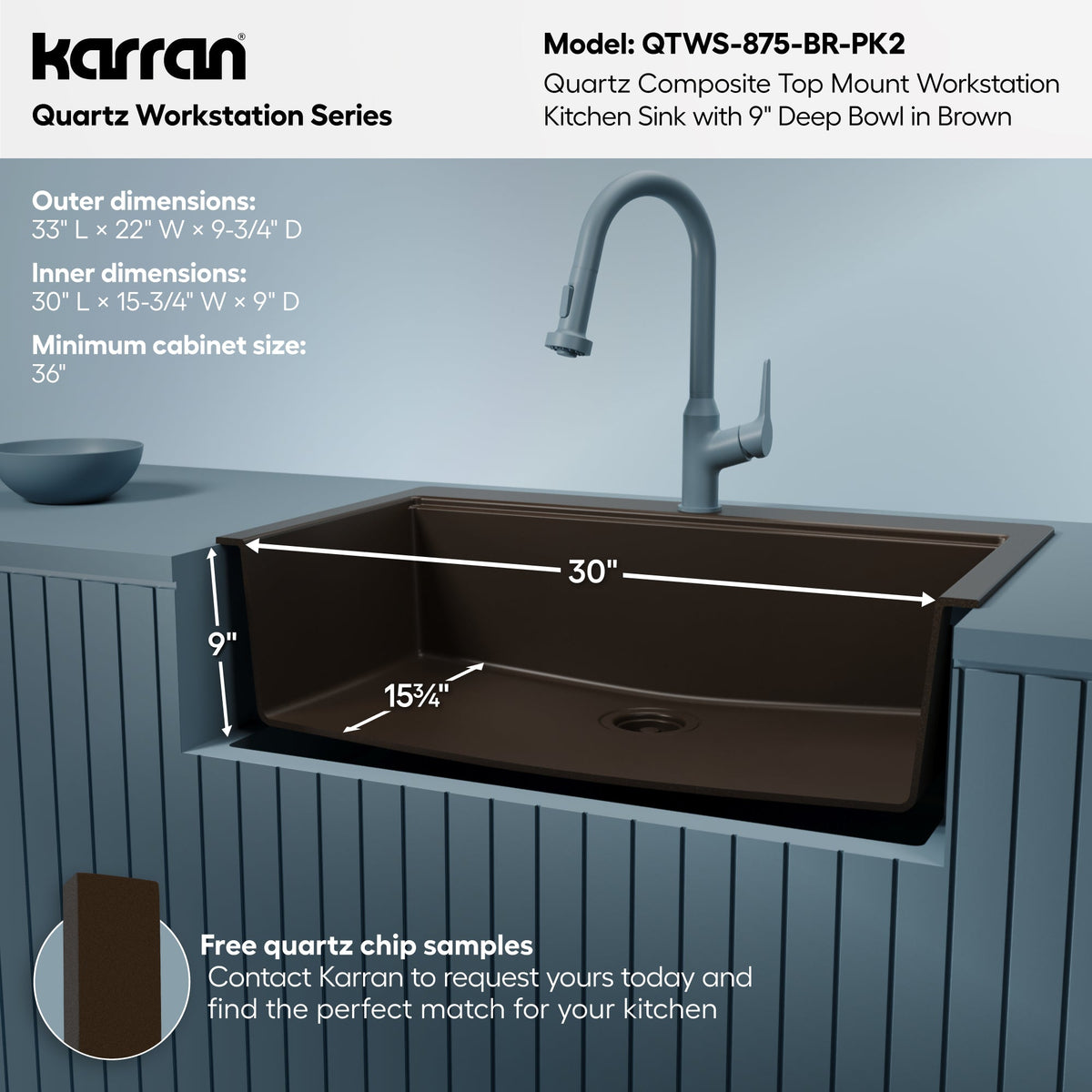 33" Top Mount Single Bowl Quartz Kitchen Sink Kit In Brown