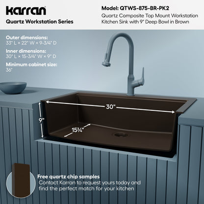 33" Top Mount Single Bowl Quartz Kitchen Sink Kit In Brown