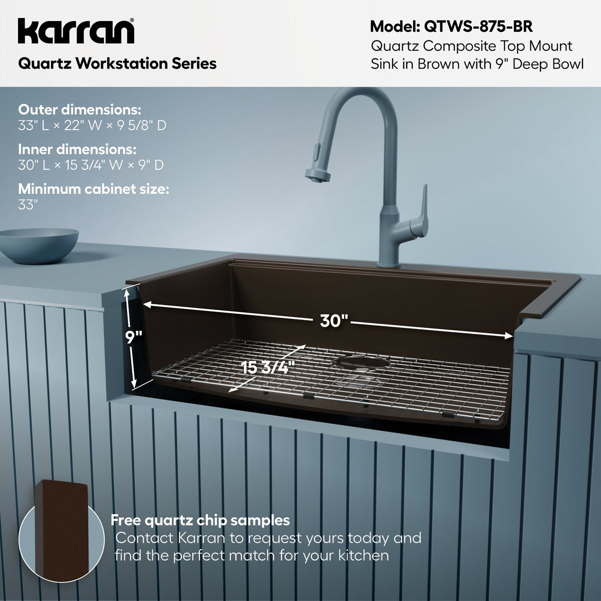 33" Top Mount Large Single Bowl Quartz Composite Workstation Kitchen Sink In Brown
