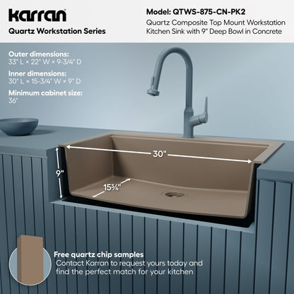 33" Top Mount Single Bowl Quartz Kitchen Sink Kit In Concrete