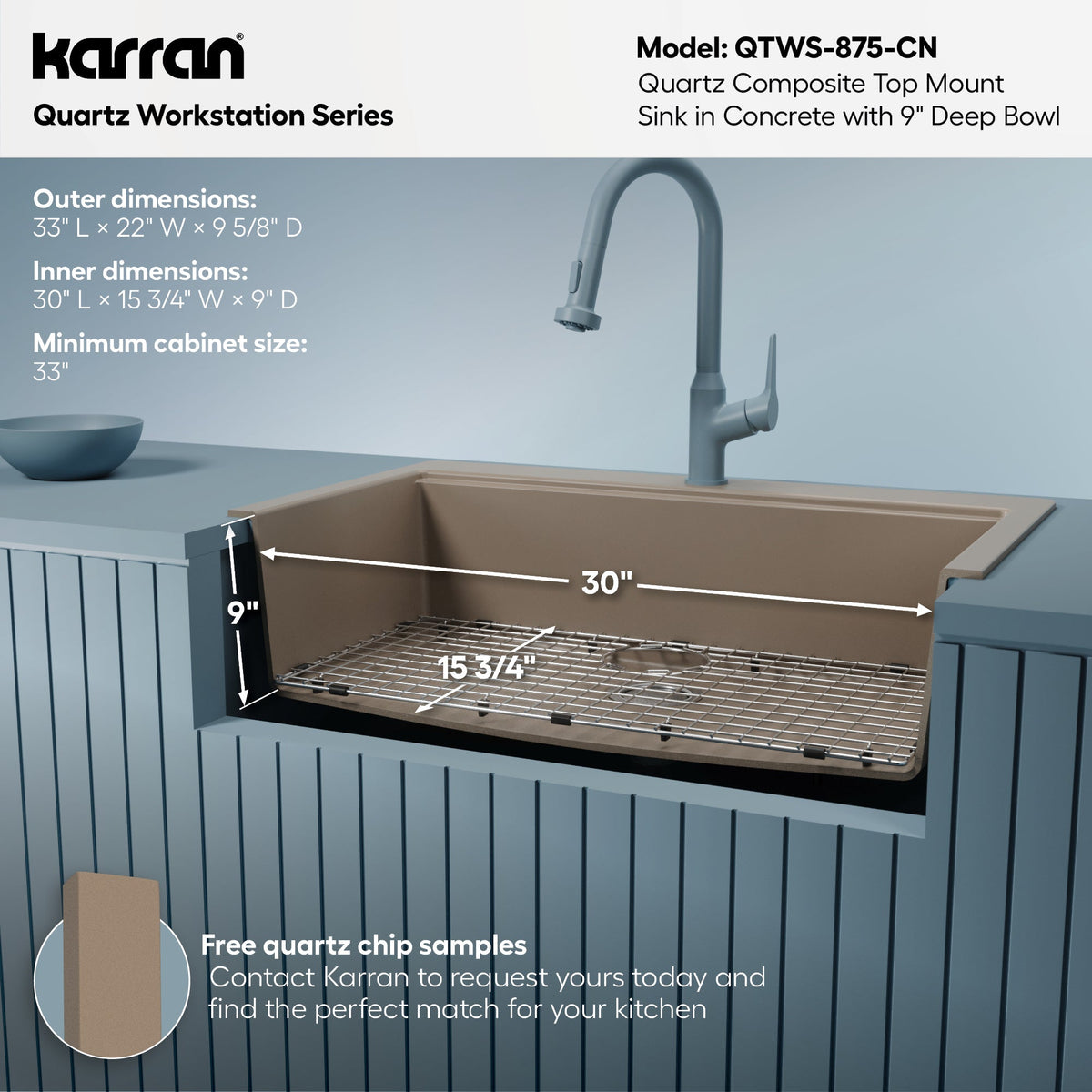 33" Top Mount Large Single Bowl Quartz Composite Workstation Kitchen Sink In Concrete