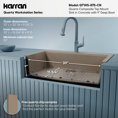 33" Top Mount Large Single Bowl Quartz Composite Workstation Kitchen Sink In Concrete